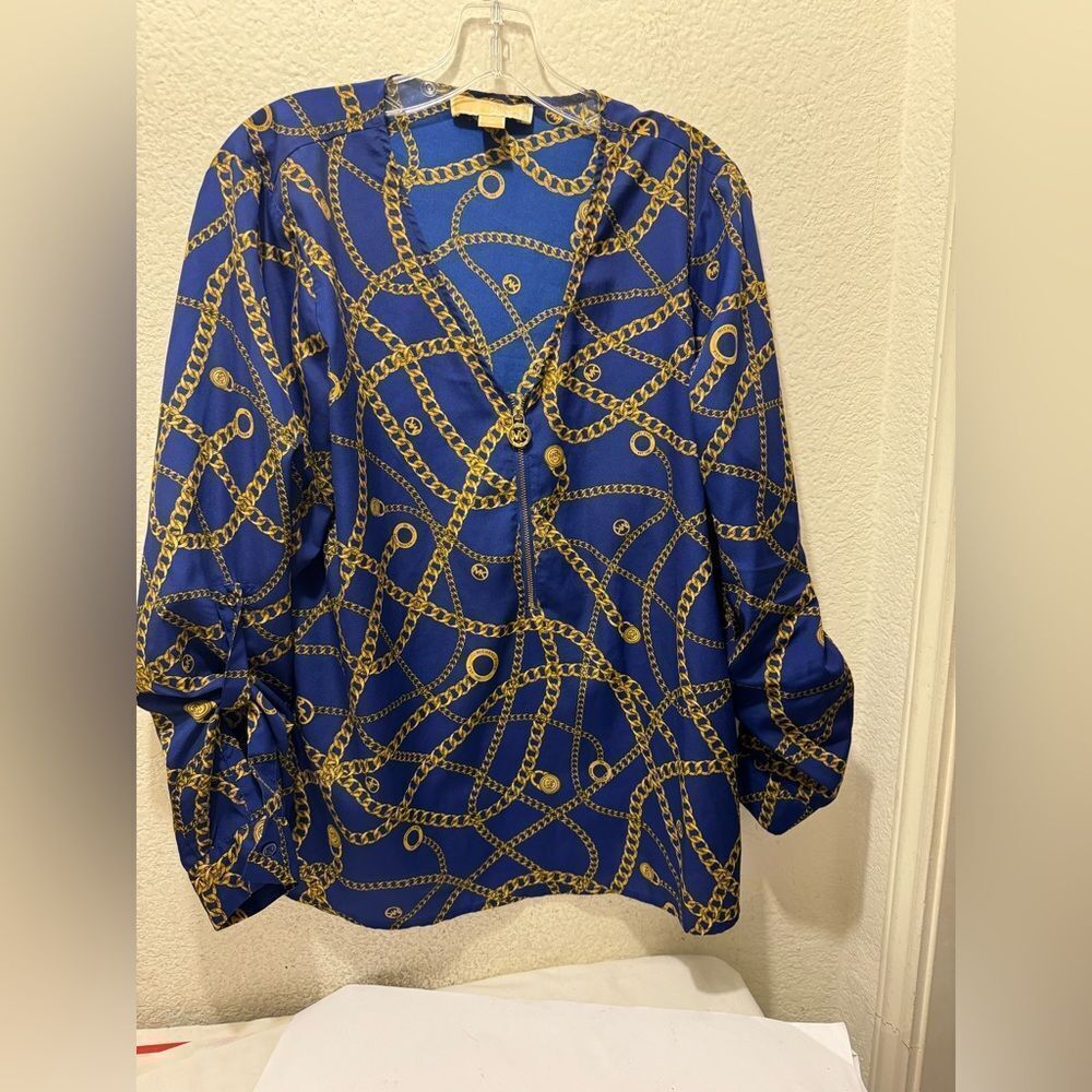 MICHAEL Michael Kors Blue and Gold Chain Print Blouse